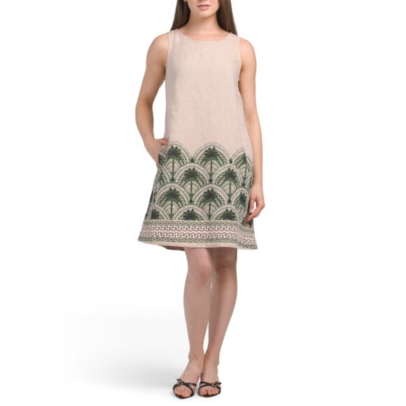 NICOLE MILLER NEW YORK Palm Linen Palm Border Print Trapeze Mini Dress - Picture 1 of 2